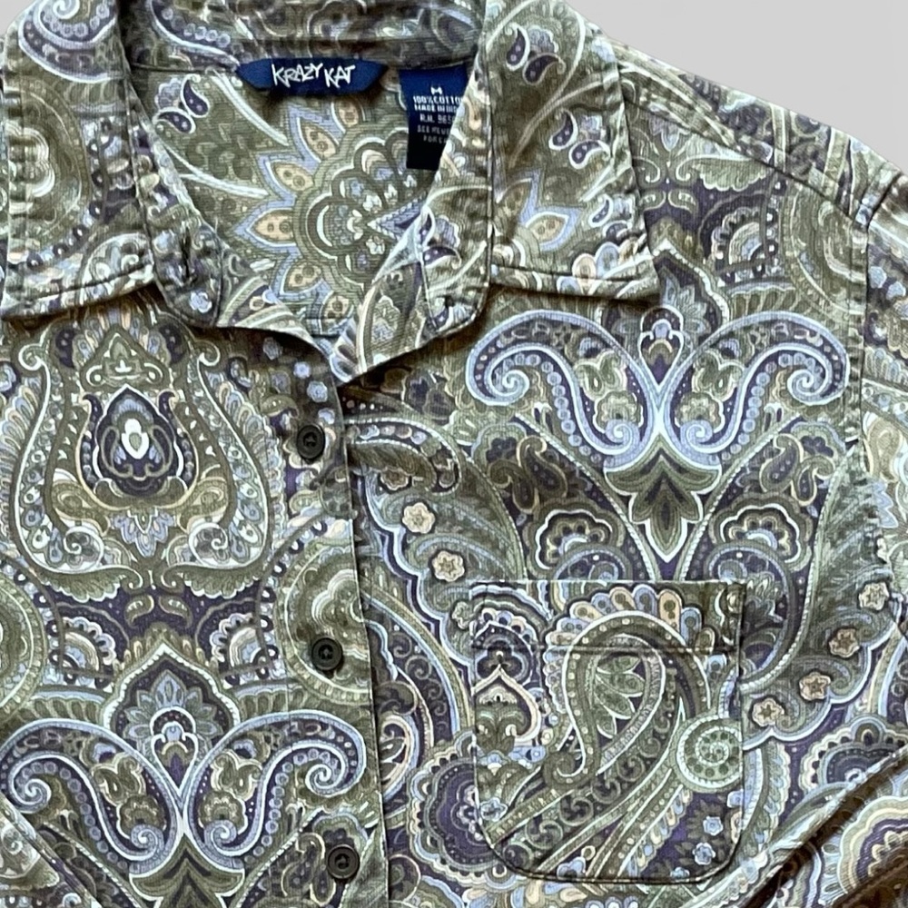 Krazy Kat Vintage Paisley Button Down Shirt Green Blue Purple Cotton Medium - Picture 4 of 10